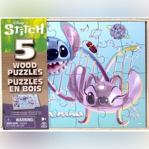 Disney Stitch and Angel 5 Wood Puzzles Set with Storage Tray Ages 3 and Up NWT